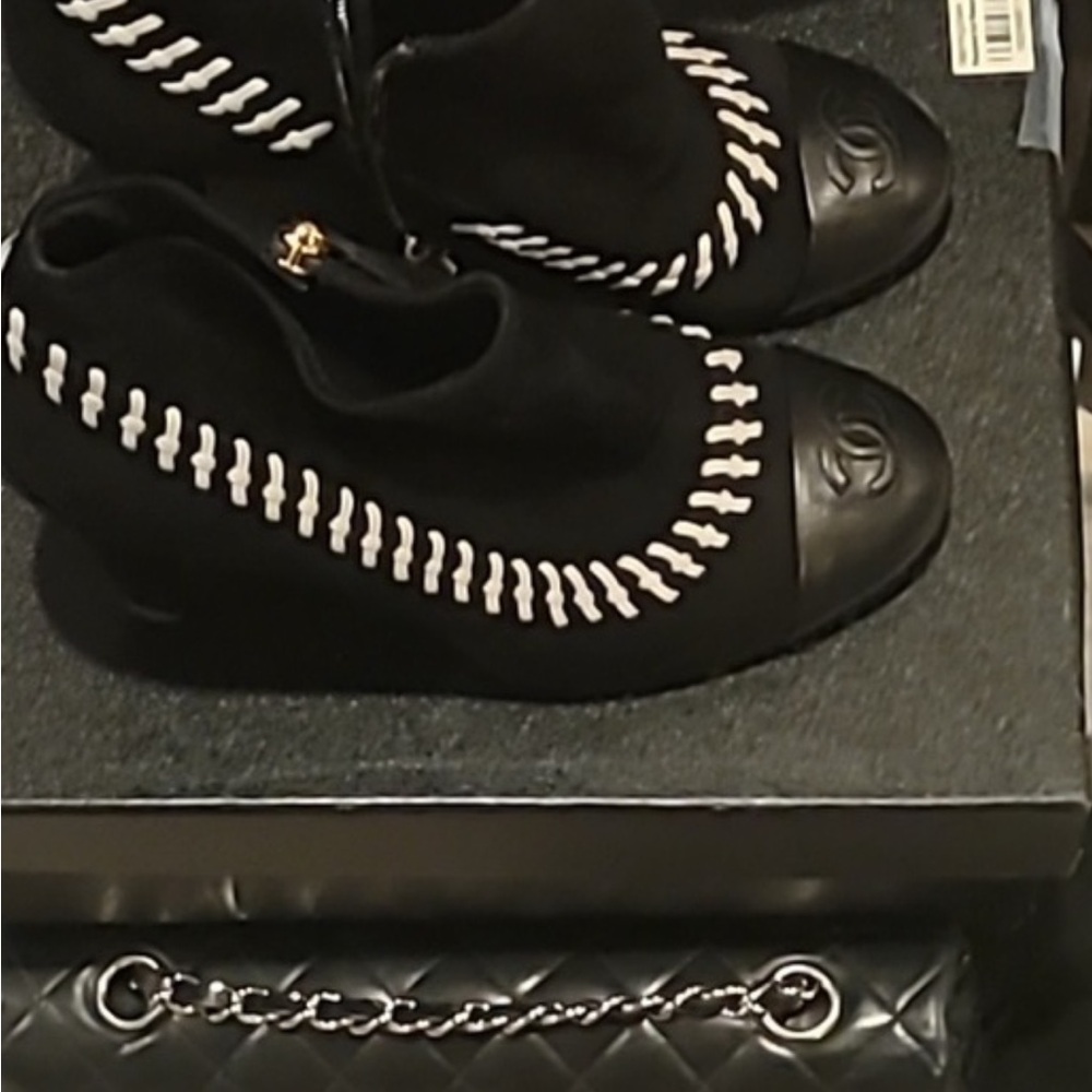 CHANEL Ankle Booties In Black & White Stitching Leather & Suede
